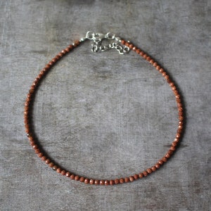3 mm Faceted Brown Goldstone Beaded Silver Plated Choker Necklace | Gemstone Beads | Healing Crystal | Gift Present | Woman Teen Girl | Love