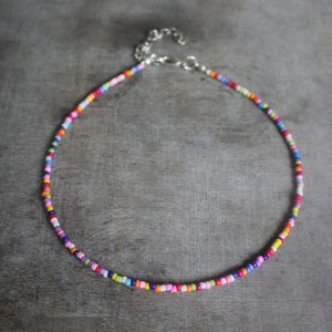 Small 2 mm Colorful Rainbow Glass Seed Beaded Choker | Jewelry Necklace | Handmade Gift Present | Summer Bohemian Beach Fashion Cute | Mix-9