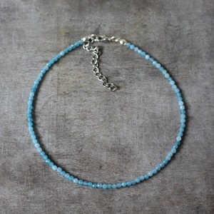 3 mm Faceted Blue Chalcedony Beaded Silver Plated Choker Necklace | Gemstone Beads | Birthstone | Healing Crystal | Christmas Gift Present