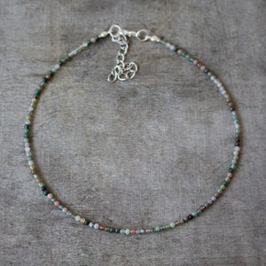2 mm Indian Agate Beaded Silver Plated Choker Necklace | Gemstone Beads | Birthstone | Healing Crystal | Gift Present | Girl Teen Woman Love