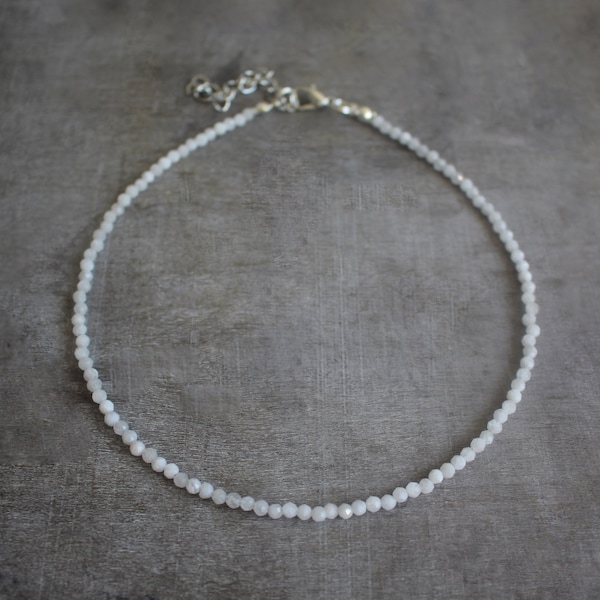 3 mm Faceted White Moonstone Beaded Silver Plated Choker Necklace | Gemstone Beads | Birthstone | Healing Crystal | Gift Present Christmas