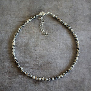5 mm Dalmatian Jasper Beaded Silver Plated Choker Necklace | Gemstone Beads | Birthstone Healing Crystal | Gift Present Christmas | Black