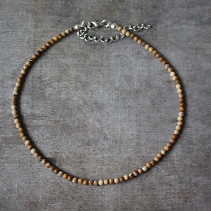 May include: A brown and white beaded necklace with a silver clasp.