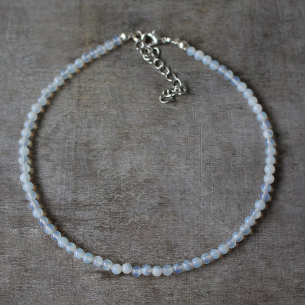 4 mm Opal Beaded Silver Plated Choker Necklace | Gemstone Beads | Birthstone Healing Crystal | Gift Present Handmade | Opalite Stone Love