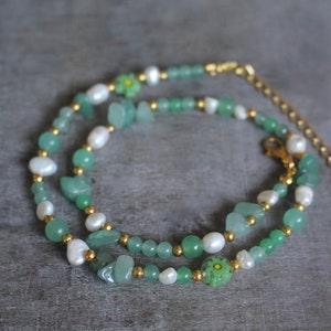 Aventurine and Freshwater Pearl Beaded Necklace | Gemstone Beads | Birthstone | Healing Crystal | Gift Present | Woman Teen Girl Love | GP-1