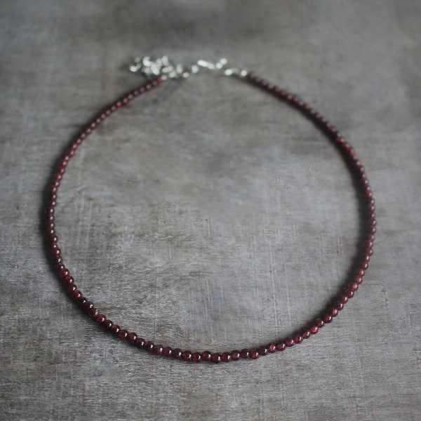 3 mm Roter Granat Perlen Versilberter Choker Halskette | Edelstein Perlen | Geburtsstein | Heilkristall | Geschenk Geschenk | Frau Teen Mädchen | Liebe