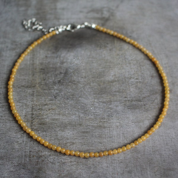 3 mm Yellow Jade Beaded Silver Plated Choker Necklace |  Gemstone Beads Birthstone | Healing Crystal | Gift Present Christmas | Handmade