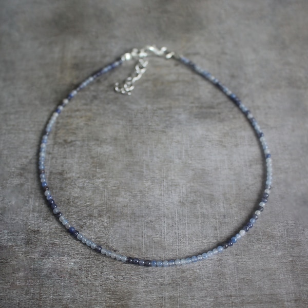 2 mm Blue Aventurine Beaded Silver Plated Choker Necklace | Gemstone Beads | Birthstone Healing Crystal | Gift Present | Chakra Gemstone