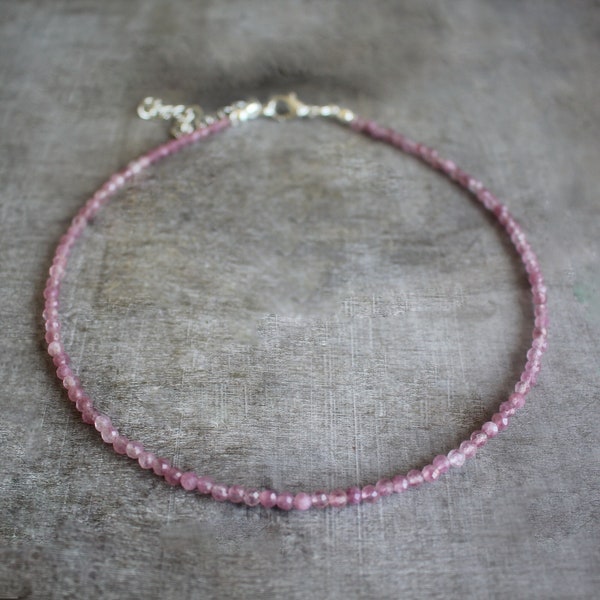 3 mm Faceted Fuchsia Tourmaline Beaded Silver Plated Choker Necklace | Gemstone Beads | Birthstone | Healing Crystal | Gift Present | Woman
