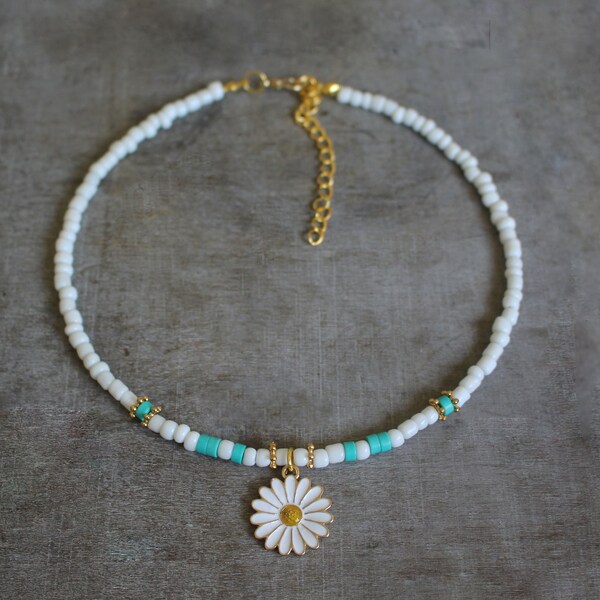 White Daisy Glass Beaded Wooden Choker Beaded Necklace | Gift Present | Woman Teen Girl | Summer Jewelry | Colorful Dainty | CC-1 | BIG SALE