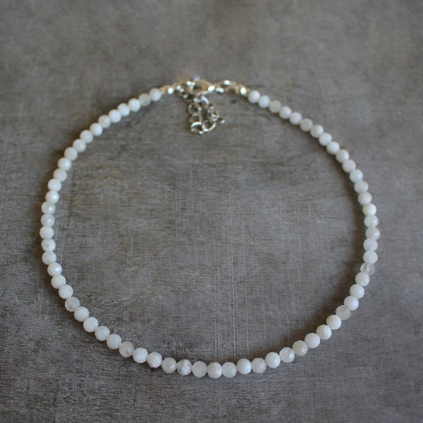 4 mm Faceted White Moonstone Beaded Silver Plated Choker Necklace | Gemstone Beads | Birthstone | Healing Crystal | Gift Present Christmas