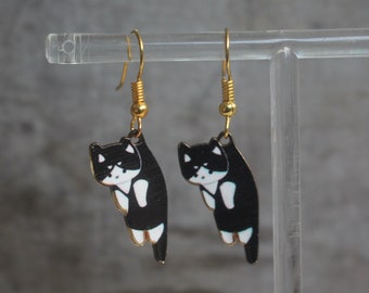 Red and Black Leopard Print Kitty Cat Gold Hanging Earrings with Rhinestone Posts