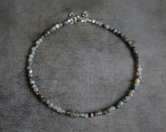 4 mm Indian Agate Beaded Silver Plated Choker Necklace | Gemstone Beads | Birthstone | Healing Crystal | Gift Present | Girl Teen Woman Love