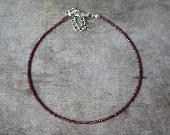 2 mm Faceted Red Garnet Beaded Silver Plated Choker Necklace | Gemstone Beads | Birthstone Love | Healing Crystal | Gift Present Red Cute