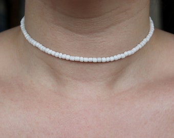 White Seed Bead Glass Beaded Dainty Beaded Choker Necklace | CS-086
