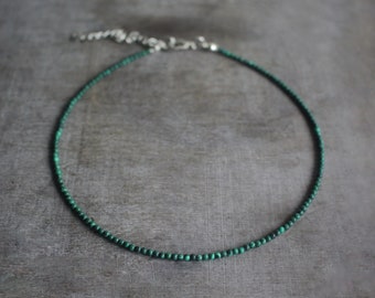 2 mm Malachite Beaded Silver Plated Choker Necklace | Gemstone Beads | Birthstone Healing Crystal | Gift Present | Chakra Gemstone | Green