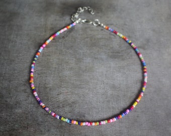 Small 2 mm Colorful Rainbow Glass Seed Beaded Choker | Jewelry Necklace | Handmade Gift Present | Summer Bohemian Beach Fashion Cute | Mix-9