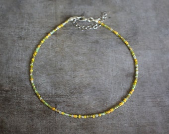 Small 2 mm Yellow Green Mix Glass Seed Beaded Choker | Jewelry Necklace | Handmade | Gift Present Love | Summer | Bohemian Beach | Mix-14