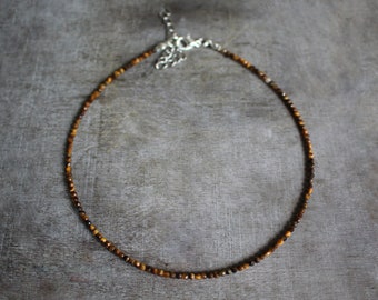 2 mm Faceted Tiger Eye Beaded Silver Plated Choker Necklace | Gemstone Beads | Birthstone | Healing Crystal | Gift Present | Woman Teen Gir|