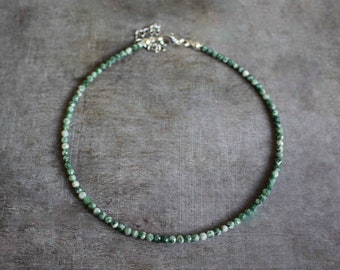 3 mm Faceted Green Spot Jasper Beaded Silver Plated Choker Necklace | Gemstone Beads | Birthstone | Healing Crystal | Gift Present