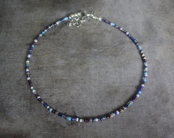 Small 2 mm Blue and White Beaded Choker | Brown Light Blue| Summer Necklace | Handmade Gift Present | Silver Plated | Glass Beads | Mix-13