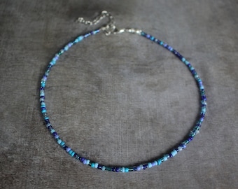 Small 2 mm Blue Mix Glass Seed Beaded Choker | Jewelry Necklace | Handmade Gift Present | Summer | Bohemian Beach Fashion Love Cute | Mix-8