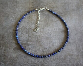 5 mm Faceted Lapis Lazuli Beaded Silver Plated Choker Necklace | Gemstone Bead | Birthstone | Healing Crystal | Gift Present Woman Teen Girl