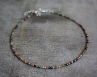 2 mm Faceted Tourmaline Beaded Silver Plated Choker Necklace | Gemstone Beads | Birthstone | Healing Crystal | Gift Present Love | Chakra