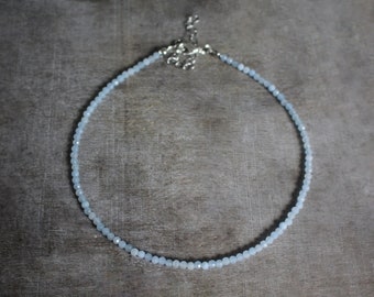 3 mm Faceted Aquamarine Beaded Silver Plated Choker Necklace | Gemstone Beads | Birthstone | Healing Crystal Gift Present | Woman Teen Girl