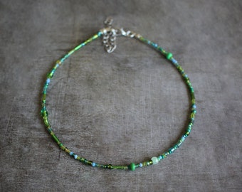 Small Green Mix Glass Seed Beaded Choker | Jewelry Necklace | Handmade Gift Present | Summer Bohemian Beach Fashion | Love | Mix-24 BIG SALE