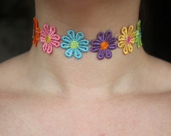 Rainbow Daisy Flower Choker | Handmade Gift Present | Woman Teen Girl | Summer Beach | Nature Flower Power | Hippie Style Fashion | Yellow