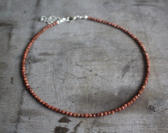 3 mm Faceted Brown Goldstone Beaded Silver Plated Choker Necklace | Gemstone Beads | Healing Crystal | Gift Present | Woman Teen Girl | Love