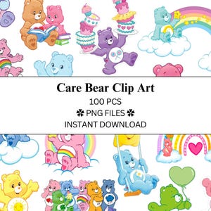Könnte beinhalten: Eine Sammlung farbenfroher Care Bear Clip-Art-Bilder. Die Bilder zeigen verschiedene Care Bears in verschiedenen Posen, Regenbögen, Wolken und Kuchen. Der Text "Care Bear Clip Art" und "100 PCS PNG FILES INSTANT DOWNLOAD" ist ebenfalls sichtbar.