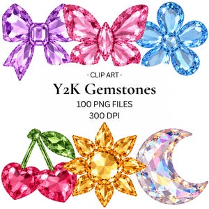 May include: A digital collection of Y2K Gemstones clip art featuring a purple bow, pink butterfly, blue flower, two red heart-shaped cherries, a yellow sun, and a crescent moon, all rendered with faceted gemstone textures and vibrant colors.