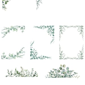 May include: A collection of watercolor illustrations featuring various arrangements of eucalyptus leaves and branches in shades of sage green and muted teal. The set includes corner frames, rectangular borders, and horizontal foliage clusters.