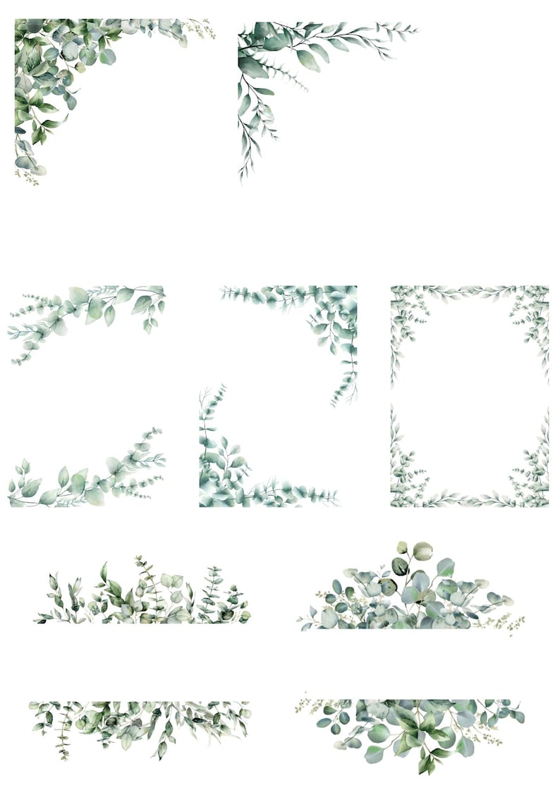May include: A collection of watercolor illustrations featuring various arrangements of eucalyptus leaves and branches in shades of sage green and muted teal. The set includes corner frames, rectangular borders, and horizontal foliage clusters.