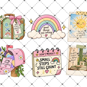 May include: A collection of six illustrated stickers featuring a green suitcase with travel decals, a rainbow with the text good things are coming, a sun polaroid, a pink mailbox with flowers, a calendar with the text small steps still count, and a window polaroid.
