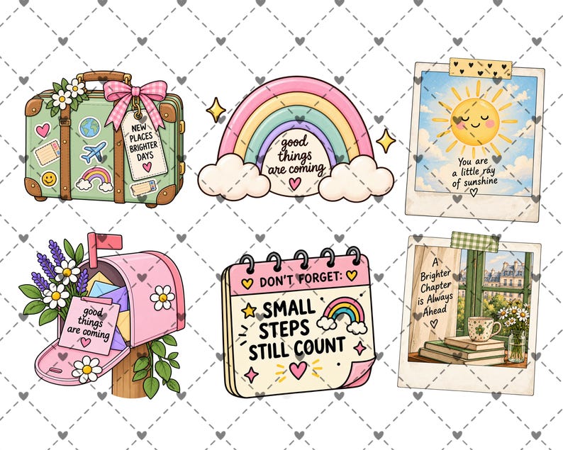 May include: A collection of six illustrated stickers featuring a green suitcase with travel decals, a rainbow with the text good things are coming, a sun polaroid, a pink mailbox with flowers, a calendar with the text small steps still count, and a window polaroid.