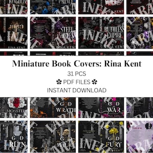 Peut inclure: Une collection de 31 couvertures de livres miniatures avec des motifs gothiques sombres et des accents floraux. Les couvertures sont intitulées avec divers titres tels que "Temptation", "Steel Prince", "Ruthless Empire", "Royal Ruin", "Monster", "God of Wrath", "God of War", "God of Pain", "God Run", "God Fury", et "Empire of Sin". Les couvertures sont de l'auteure Rina Kent.