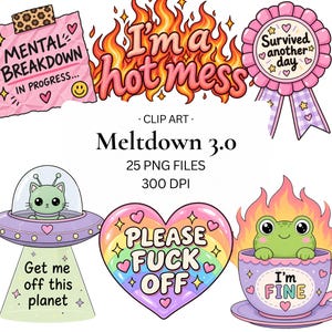 Puede incluir: Una colección digital de seis ilustraciones coloridas que incluyen una nota adhesiva rosa con texto, un gráfico de fuego con texto, una cinta de premio rosa, un gato verde en un OVNI, un corazón arcoíris con texto y una rana verde en una taza.