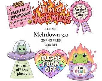 May include: A digital collection of six colorful illustrations featuring a pink sticky note with text, a fire graphic with text, a pink award ribbon, a green cat in a UFO, a rainbow heart with text, and a green frog in a teacup with fire.