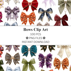 Op de afbeelding: Een verzameling van diverse decoratieve strikken in verschillende kleuren en stijlen. De afbeelding bevat strikken in tinten rood, paars, blauw, groen en oranje. De tekst "Bows Clip Art" en "100 PCS" is ook zichtbaar.