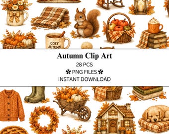 Paquete de 28 imágenes prediseñadas de otoño acogedor 3.0 / Acuarela / Archivos PNG / PNG transparente / Uso comercial