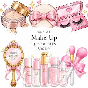 Peut inclure: Une illustration numérique de produits de beauté incluant un pot de poudre, un nœud rose, des faux cils, un miroir à main doré avec le texte YOU LOOK BEAUTIFUL TODAY, et divers gloss et pinceaux avec le texte CLIP ART Make-Up 100 PNG FILES 300 DPI.