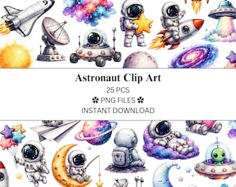 25 pcs Astronaut Clip Art Bundle 2.0 | Watercolour | PNG Files | Transparent PNG | Commercial Use