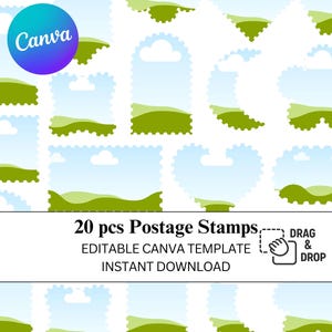 Peut inclure: Une collection de 20 cadres en forme de timbres-poste avec un ciel bleu clair, des nuages blancs et des collines vertes. Le graphique inclut le texte 20 pcs Postage Stamps, EDITABLE CANVA TEMPLATE, INSTANT DOWNLOAD et DRAG & DROP.