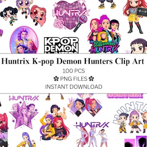 May include: A collection of colorful digital clip art featuring K-pop Demon Hunters. The images include various characters, logos, and text elements. The text reads "Huntrix K-pop Demon Hunters Clip Art", "100 PCS", "PNG FILES", and "INSTANT DOWNLOAD".