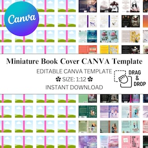 May include: A digital Canva template for miniature book covers in a 1:12 scale. The graphic features a grid of blank templates with green hills and blue skies, alongside a collection of various finished book cover designs with diverse titles.