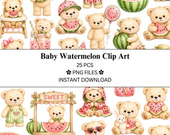Paquete de 25 imágenes prediseñadas de fiesta de sandía para bebés / Fiesta de revelación de género / Baby Shower / Archivos PNG / PNG transparente / Uso comercial