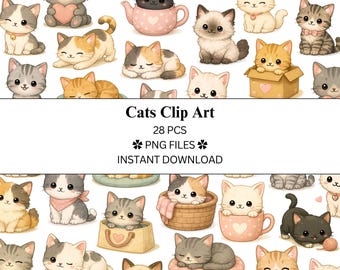 Paquete de 28 imágenes prediseñadas de gatos / Archivos PNG / PNG transparente / Uso comercial